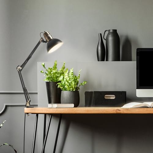 Image of Globe Electric 62000009 32 inch Multi-Joint Desk Lamp with Metal Clamp, Matte Black, Antique Brass Accents, On /Off Rotary Switch on Shade, Partially Adjustable Swing Arm, Home Decor, Office Accessory