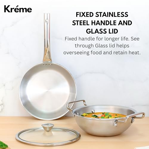 Image of Kreme Platina Triply Stainless Steel Cookware Set 3 Pc - Superior Finish, Cool Grip Handle, Induction Compatible | 100% Non-Toxic, Nickel-Free | Frypan 1.45 L + Kadai 2.2 L with Lids