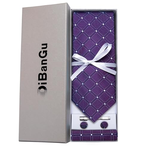 Image of DiBanGu Mens Silk Necktie Solid Color Tie and Pocket Square Cufflink Tie Clip Set Woven Plain Ties for Men Wedding Party