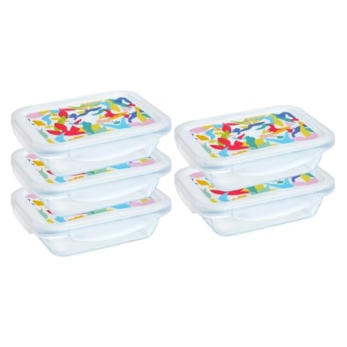 Pyrex® Cook & Go Set of 5 Rectangular Glass Storage Boxes with Airtight and Waterproof Lids – 20 x 15 cm – 0.8L – BPA Free (Multicolor lid)