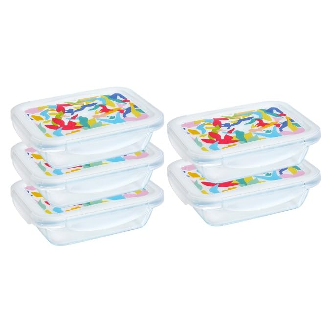 Pyrex Cook & Go Lunchboxen, rechteckig, 0,8 l, Borosilikatglas, backofen-, mikrowellen- und spülmaschinengeeignet, hergestellt in Frankreich (Deckel mehrfarbig)