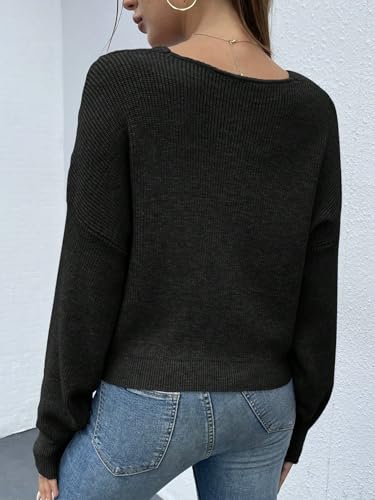 Image of ZAFUL Women's V Neck Cable Knit Sweater Long Sleeve Ribbed Crop Tops Wrap Surplice Solid Casual Pullover Jumper