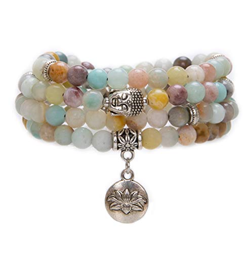Bivei 108 Mala Beads Bracelet - Genuine Gemstone Mala Prayer Beads Lotus Charm Meditation Necklace-Amazonite