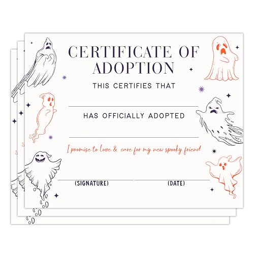 Ghost Adoption Certificate, Funny Halloween Gifts for Kids, Spooky Adoption Party Decorations Supplies, Cute Ghost Friends Certificate for Boys and Girls, 24