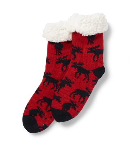 Little Blue House by Hatley Sherpa Lined Cabin Socks, Moose on Red, One Size - Main Image