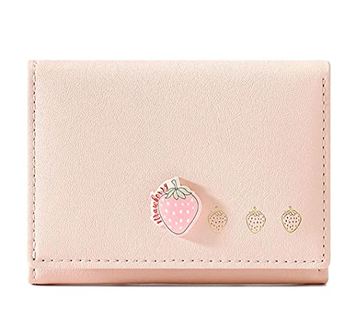 YaJaMa Women Wallet Small Slim Cute Strawberry Trifold Girls Credit Card Case Holder with ID Window, Pink, Cute