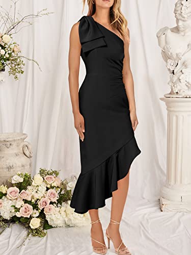 Anrabess Women's Summer One Shoulder Formal Graduation Prom Midi Dresses Sleeveless Bodycon Mermaid Ruffle Cocktail Wedding Guest Dress 838Heise-M Black #TOP2