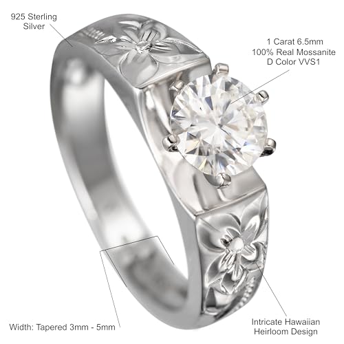 925 Sterling Silver Hawaiian Heirloom Princess Plumeria Flower Scroll Ring Stackable Wedding Engagement Promise Band, Topaz, Opal, D VVS1 Moissanite Diamond, Nickel Free Hypoallergenic for Sensitive Skin, with Gift Box (1 CT Moissanite Tapered, 5)3