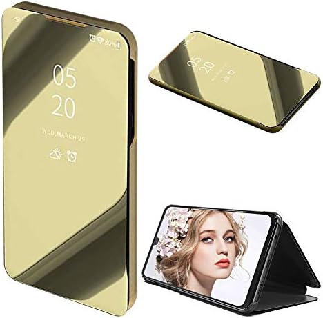 Clear Window View Case for Huawei P30 Lite,Mirror Plated Flip Stand Leather Phone Case for Huawei P30 Lite,Moiky Luxury Noble Gold Mirror Metal Electroplated Magnetic Closure Cover
