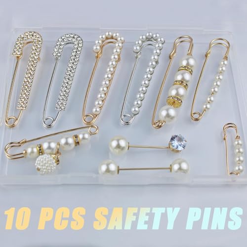 Image of 10 Crystal Waistband Pins Fashion Brooch Sweater Shawl Clips Retro Rhinestone Pearl Brooch Pins for Women Girls Costume Accessory