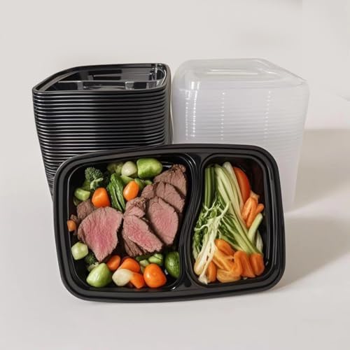 100 Packs 28 Ounce 2-Grid Pre Meal Preparation Containers, Reusable Plastic Food Prep Containers With Lids, Disposable Bento Boxes (28 oz square box two compartments)