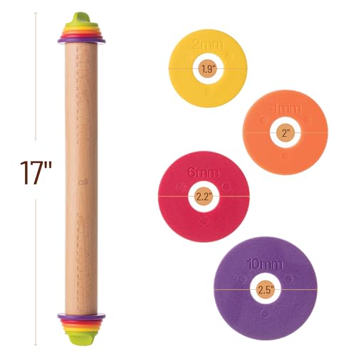 Bamboo Land- Adjustable Rolling Pin with Thickness Rings for Baking, 17\", 4 Colorful Thickness Rings (2-10 mm or 1/16\"-3/8\"), Wood Rolling Pins for Baking, Bread, Pizza & Cookie Doughs