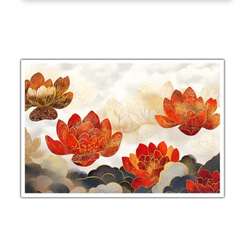 Affiche Lotus Rouge Oriental Style Zen, Toile Inspirante pour une Atmosphère Paisible 75x110