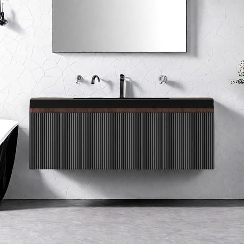 Image of Wall Mounted Bathroom Sink Vanity, Modern 36 inch Floating Vanity with Resin Top Basin Sink and U-Shaped Soft-Close Storage Drawer, Striped Bathroom Storage Cabinet with Invisible Handle, Black