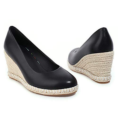 VOKLIN Women's Round Toe Espadrilles Wedge Pumps Slip On Leather Casual Platform High Heels Pump Dress Shoes2