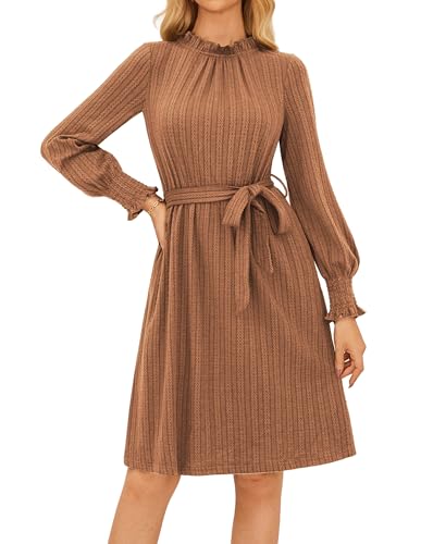 Damen Midikleider Tunika Kleid Herbstkleid Langarm Minikleid Freizeitkleid Elegant Ribbed A-Linie Kleider Braun M