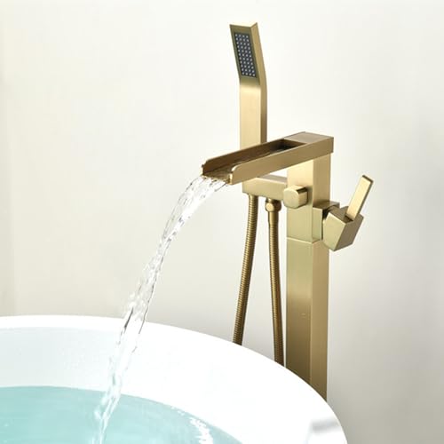 Robinet baignoire sur pied cascade laiton brossé doré avec fixation sol stable - 3