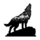 Wolf Mountain Silhouette Wall Art, Black Night Sky Design with Moon and Stars, Nature Wilderness Theme Metal Decor