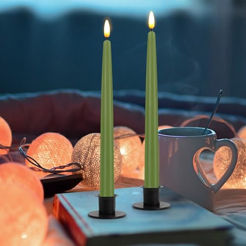 Image of CVHOMEDECO. Flameless Taper Candles with 10-Key Remote, Battery Operated Led Flickering 3D Wick Window Candles Real Wax Finished Home Christmas Party Decor 0.78 x 11 Inch, Pack of 2, Sage Green