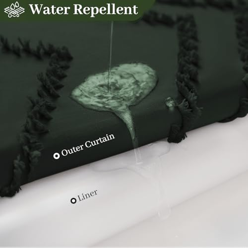 WONICY No Hook Shower Curtain with Snap in Liner, Tufted Chevron Striped Shower Curtain Set for Bathroom, Boho Waterproof and Washable Shower Curtains, 71Wx74H, Dark Green by WONICY - Image 5