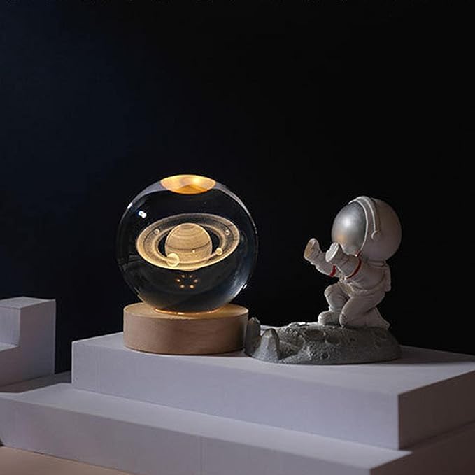 Image of 3D Saturn Crystal Ball LED Night Lamp, Engraved Planet Design with Wooden Base, Warm Decorative Light for Bedroom, Kids Room, Space Lovers Gift (Saturn)