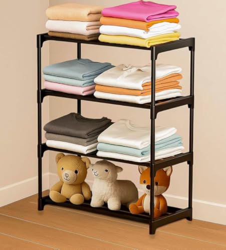 Image of BONTEC Fabric Collapsible Wardrobe 4 Shelves Storage Clothes Storage Rack Quick /Cabinet /Multipurpose Storage Rack, Foldable, Large Capacity Organizer. (Black)