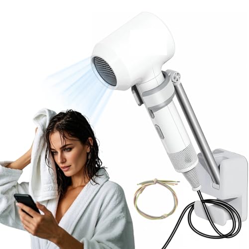Hands Free Hair Dryer Holder Wall Mounted, No-Drill Adjustable Blow Dryer Stand with Rotating Arm & Cable Hook, Universal Bathroom Hairdryer Organizer for Vanity, Wigs, Pet Grooming, Durable Design