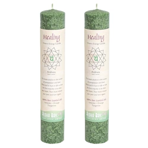 Premium Scented Candle Hand Made Chakra Energy Pillar | 2-Pack | Healing, Anahata | Yoga, Prayer & Meditation Candle | Long Burn 15 Hours | Essential Oils of Lavandin, Orange & Tangerine | Aloha Bay