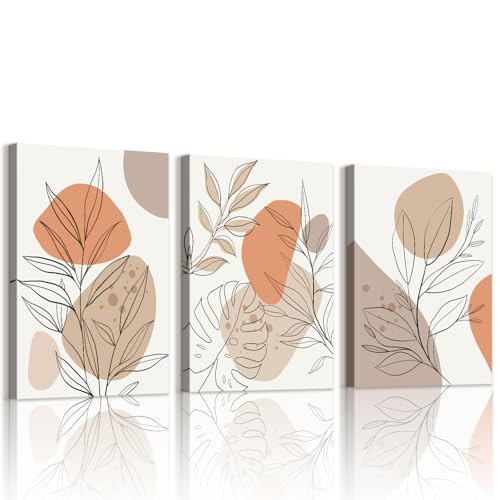 WENGTIAO 3 Piezas Boho Abstracto Plantas Cuadros Enmarcados, Beige y Naranja Geométrico Minimalista Hojas Pintura sobre Lienzo Cuadros Decoracion Salon Modernos Dormitorios Decoracion Pared 30x40cmx3