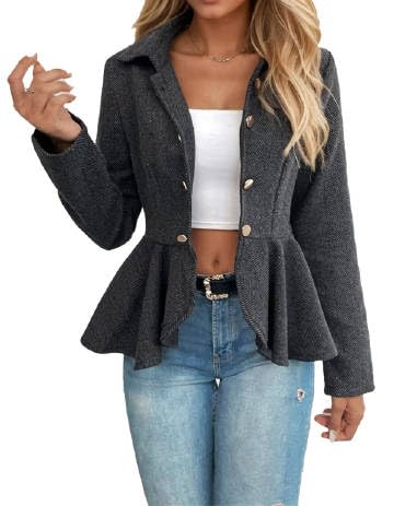 Women's Fitted Open Front Peplum Blazers Dressy Plaid Chevron Flannel Suit Jacket Overcoats Business Casual Outfits for Women - Main Image