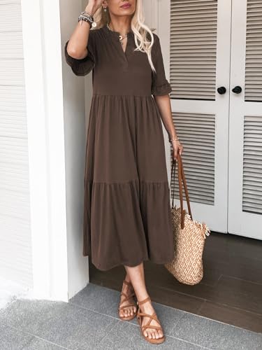 Image of Mieazom Short Sleeves Maxi Dress for Women A Line Summer Dress V Neck Casual Loose Tiered Long Dresses with Pockets