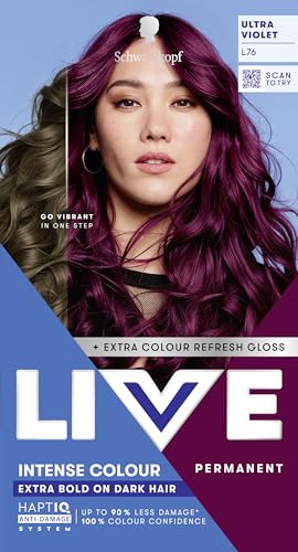 Schwarzkopf LIVE Intense Colour L76 Ultra Violet Long-lasting Permanent Purple Hair Dye Extra Bold on Darker Hair With Extra Colour Refresh Gloss