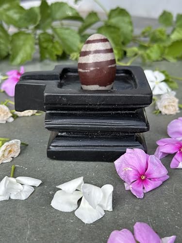 Image of 1.5 inch Original Narmadeshwar Narmada Shivling with 3 inch Narmada Stone Yoni Base Jaladhari (Janeudhari Shivling, Black Square Jaladhari), Nature