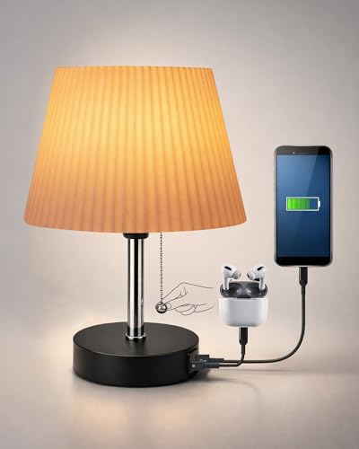 Image of Homesake Bedside Lamp for Bedroom Nightstand Table Light with USB A | C Charging Port, Desk Lamp, Pull Chain Light, Side Table Desk Reading Lamp, Living Room Gift, (Khadi Frill)