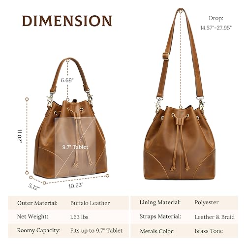 Image of S-ZONE Genuine Leather Purses for Women Crossbody Drawstring with 2 Straps | Top Grain Leather, Bucket Bags Crossbody Shoulder Top Handle, Multi Pockets, Vintage Casual, Travel Everyday
