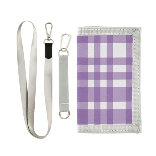 OTVEE Purple Checkered Plaid Trifold Wallet Fabric Wallet Small Nylon Wallet Card Wallet with Lanyard
