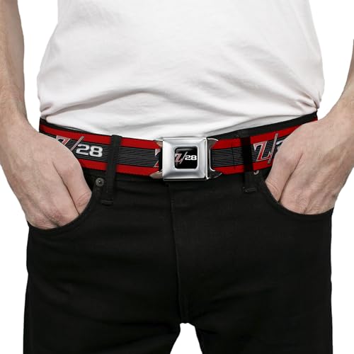 Image of Buckle-Down Seatbelt Belt - 1969 Camaro Z /28 Emblem /Stripe Red /Black /Gray /Silver - 1.5 inch Wide - 24-38 Inches in Length