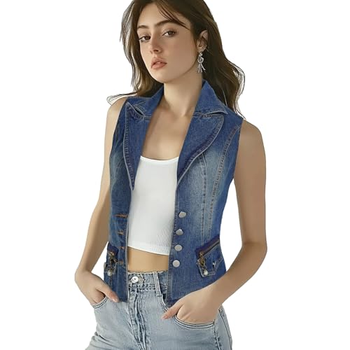 Oiefeen Women's Slim All-match Lapel Blue Denim Vest Jacket Vest3