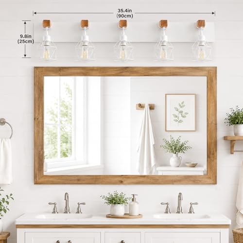 Image of Farmhouse Vanity Light Fixture,5-Light Bathroom Lighting,White Modern Wood Wall Light Over Mirror with Metal Shade,LED Bulbs Not Included