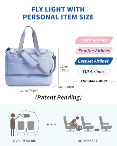 WANDF For Spirit Airlines Personal Item Bag 18x14x8, Lightweight Puffer Travel Duffle Bag for Women with Shoe Compartment & TSA Toiletry Bag Gym Hospital Carry-On Weekender Overnight (Blue) - Thumbnail 3