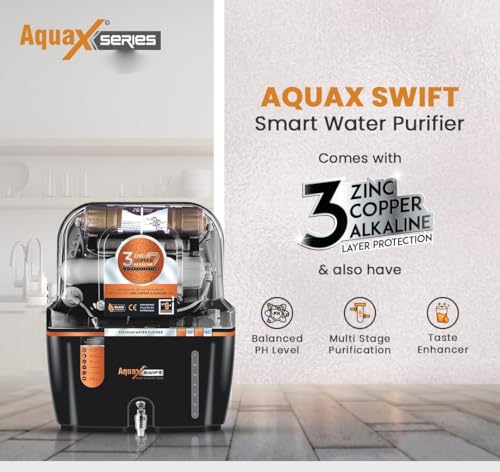 Image of Aqua Swift RO + UV + UF Water Purifier | Copper Zinc Alkaline Technology | TDS Controller | 15L Storage Tank | ISI Certified | 12-Stage Purification System | Suitable for All Water Types(Black)