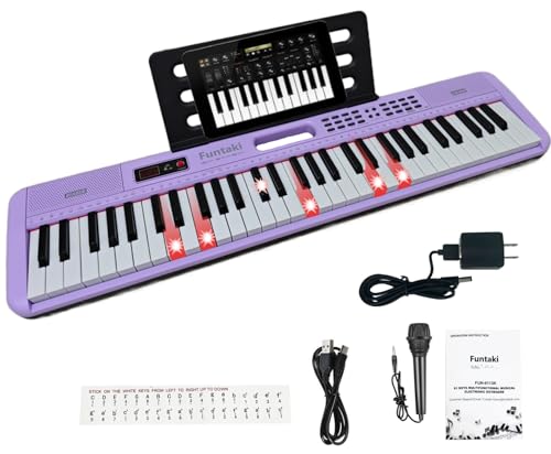 Funtaki Piano de teclado interactivo de 61 teclas para niños, teclas iluminadas, y canciones de demostración, piano eléctrico portátil para edades de 3 a 7 años principiantes (Púrpura, Completo)