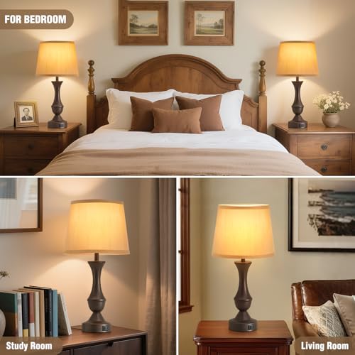 Image of Luvkczc 22 inch Table Lamp Set of 2 - Farmhouse Vintage Brown Bedside Lamp | Brown Fabric Shade, Dimmable, USB C+A Ports, Nightstand Lamp for Living Room Bedroom (Bulb Included)