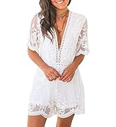Eleter Women's Deep V-Neck Lace Romper Short Sleeve Long Dress