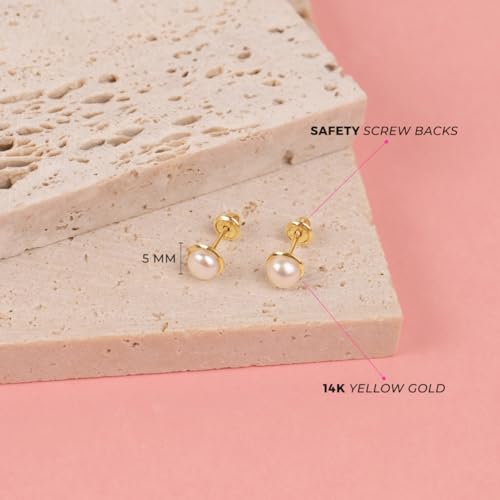 14k Yellow Gold Girl's White Cultured Pearl Bezel Set Screw Back Earring Studs - Cute Stud Earrings for Toddlers & Little Girls4