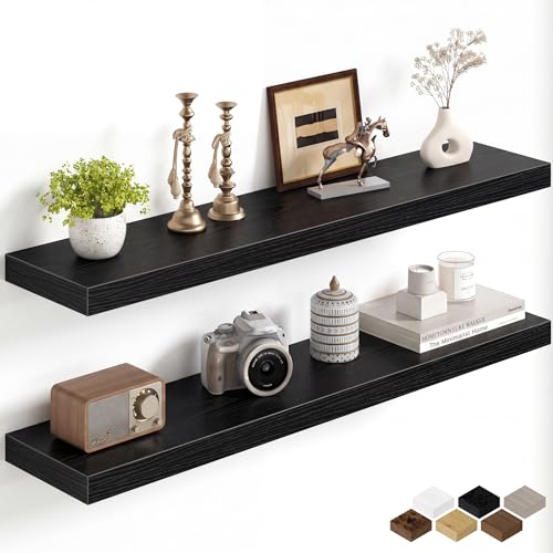 Image of Fun Memories 40Inch Floating Shelves for Wall, 8 Inch Deep Shelves for Bathroom|Bedroom|Kitchen, Large Wall Mounted Wood Hanging Shelf with Invisible Brackets for Home Storage Decor, Black - 2 Pack