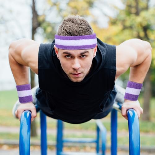 Image of 72 Pcs Bulk Striped Sweatband Set Include 24 Pcs Sweat Absorbing Striped Headbands and 48 Pcs Sweatbands Wristbands Cotton Athletic Sweat Bands for Men Women Gym Sports Workout