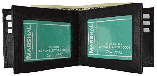 Marshal® Leather Mens Wallet Black Bifold Fixed Flip 3 Window ID & Organza Gift Bag New