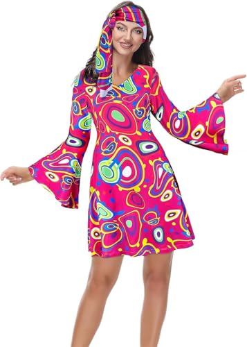 70s Outfits for Women Hippie Costumes Disco Dress Halloween Cosplay Clothes Plus Size Fashion Rose Pink L