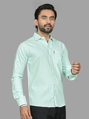 Image of MILDIN Men's Pure Cotton Striped Printed Shirt with Spread Collared Neck Full Sleeve Curved Hemline Button Closure and Regular Fit | Shirt for Man